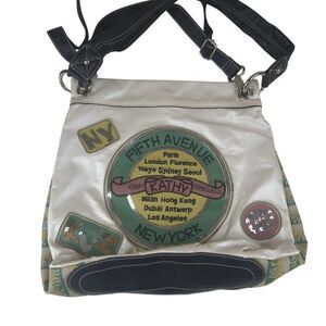 Kathy Van Zeeland Fifth Avenue Globetrotter Crossbody Hobo Bag White Faux Leathe